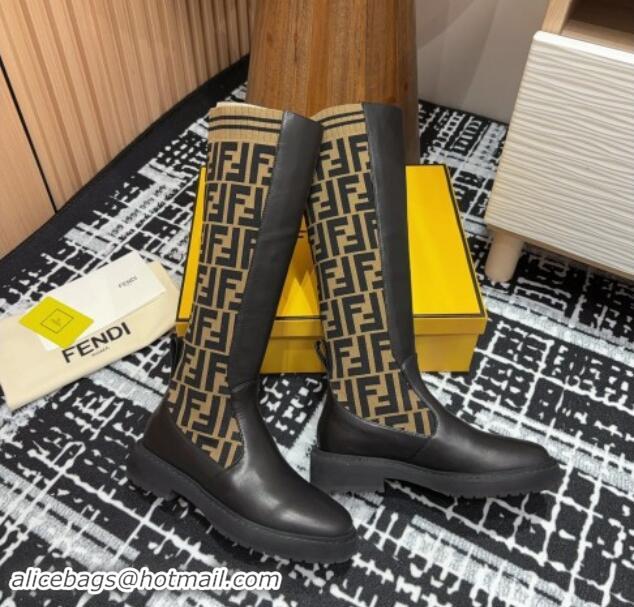 Low Cost Fendi Rockoko Medium Boots 3cm in Leather and Knit Black/Brown 930093