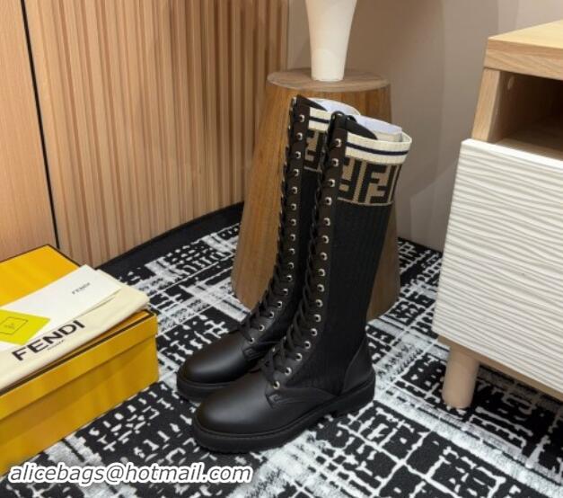 Luxurious Fendi Rockoko Medium Lace-up Boots 3cm in Leather and Knit Black 930094