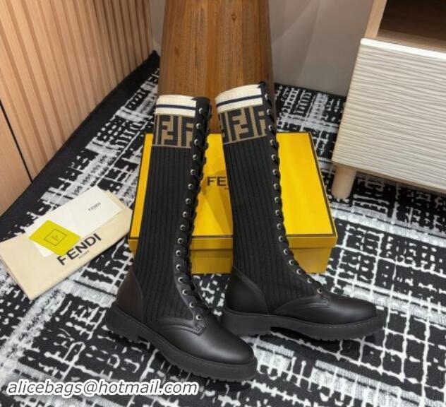 Luxurious Fendi Rockoko Medium Lace-up Boots 3cm in Leather and Knit Black 930094