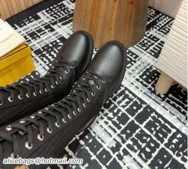 Luxurious Fendi Rockoko Medium Lace-up Boots 3cm in Leather and Knit Black 930094