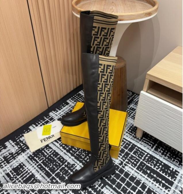 Most Popular Fendi Rockoko Over-Knit High Boots 3cm in Leather and Knit Black/Brown 930095