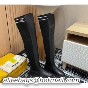 Good Quality Fendi Rockoko Over-Knit High Boots 3cm in Leather and Knit Black/White 930096