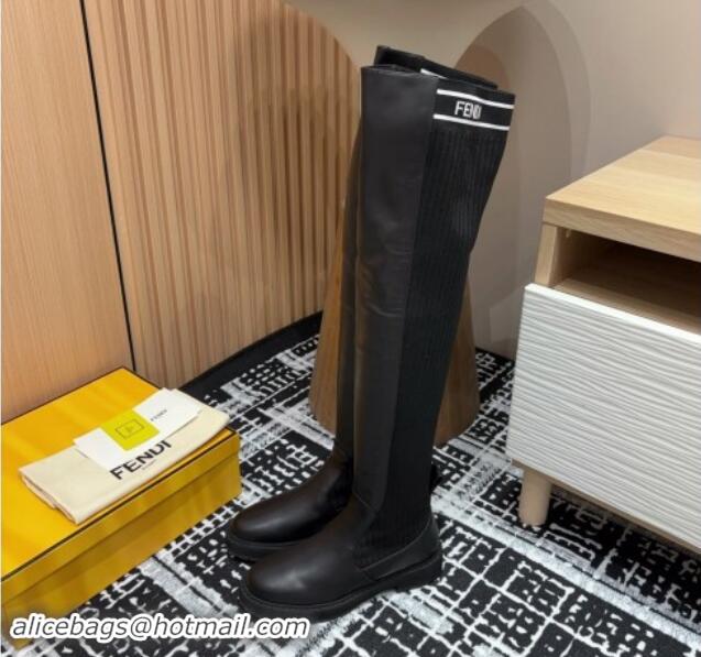 Good Quality Fendi Rockoko Over-Knit High Boots 3cm in Leather and Knit Black/White 930096