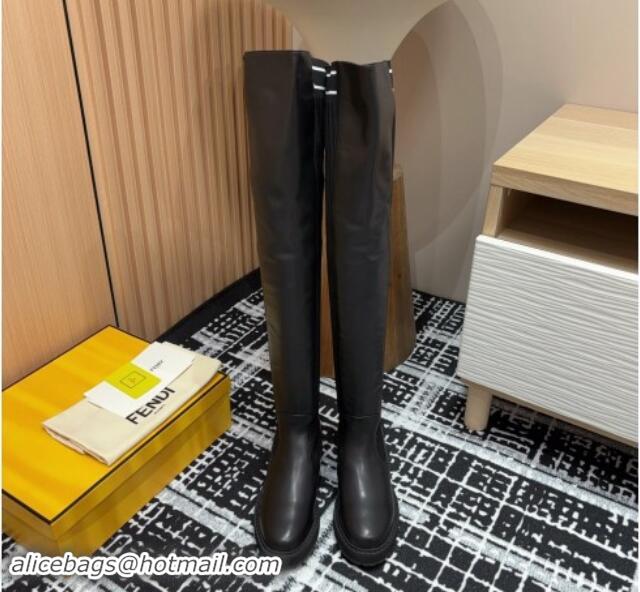 Good Quality Fendi Rockoko Over-Knit High Boots 3cm in Leather and Knit Black/White 930096