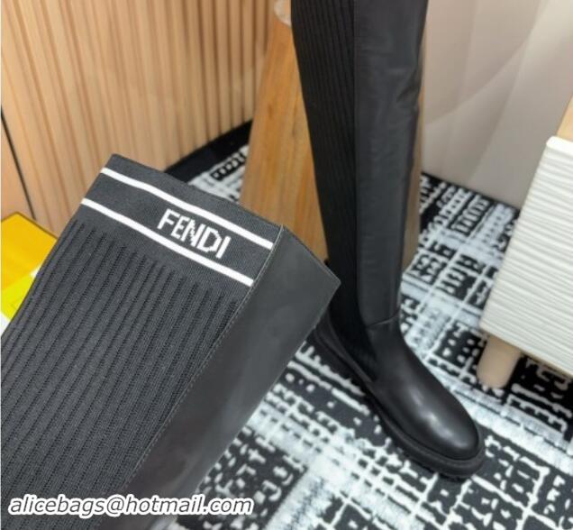 Good Quality Fendi Rockoko Over-Knit High Boots 3cm in Leather and Knit Black/White 930096