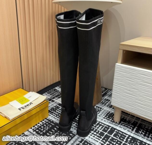 Good Quality Fendi Rockoko Over-Knit High Boots 3cm in Leather and Knit Black/White 930096