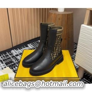 Good Looking Fendi Rockoko Ankle Short Boots 3cm in Leather and Knit Black/Brown 930098