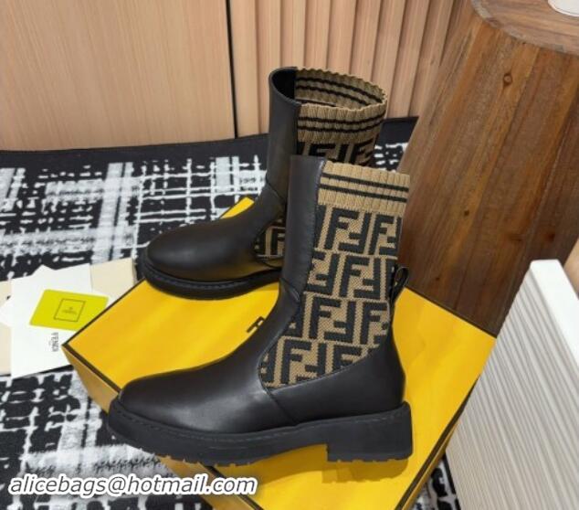 Good Looking Fendi Rockoko Ankle Short Boots 3cm in Leather and Knit Black/Brown 930098