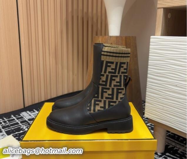 Good Looking Fendi Rockoko Ankle Short Boots 3cm in Leather and Knit Black/Brown 930098