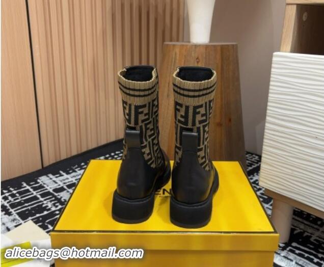 Good Looking Fendi Rockoko Ankle Short Boots 3cm in Leather and Knit Black/Brown 930098