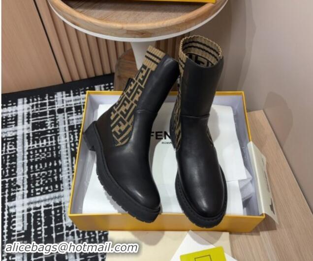 Good Looking Fendi Rockoko Ankle Short Boots 3cm in Leather and Knit Black/Brown 930098