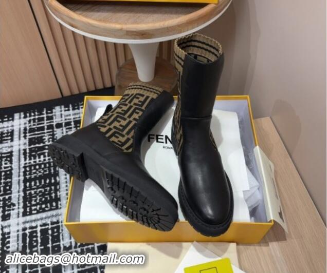 Good Looking Fendi Rockoko Ankle Short Boots 3cm in Leather and Knit Black/Brown 930098