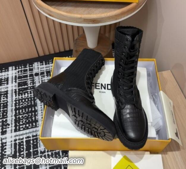 Cheap Price Fendi Rockoko Lace-up Ankle Boots 3cm in Embossed Leather and Knit Black 930099