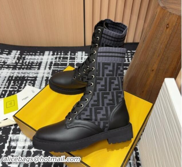 Sophisticated Fendi Rockoko Lace-up Ankle Boots 3cm in Leather and Knit Black/Grey 930100