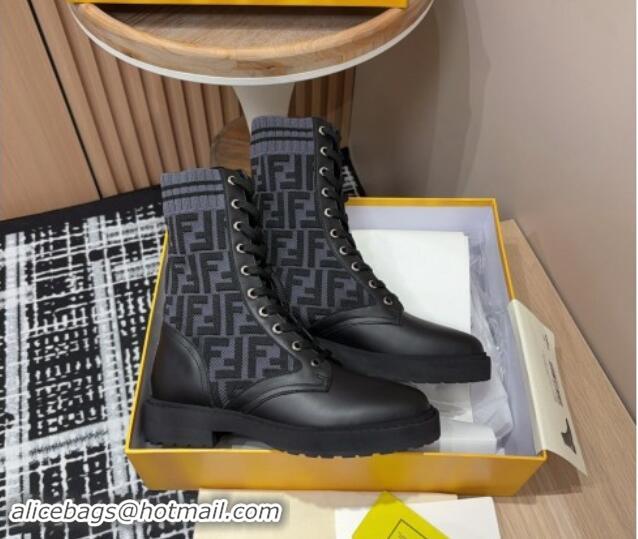 Sophisticated Fendi Rockoko Lace-up Ankle Boots 3cm in Leather and Knit Black/Grey 930100