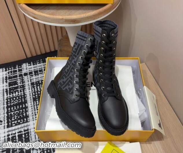 Sophisticated Fendi Rockoko Lace-up Ankle Boots 3cm in Leather and Knit Black/Grey 930100