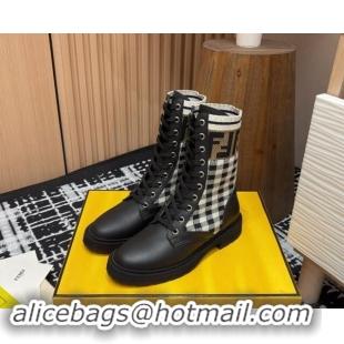 Unique Style Fendi Rockoko Lace-up Ankle Boots 3cm in Leather and Knit Black/Check 930101