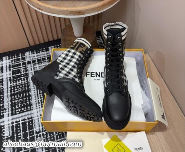 Unique Style Fendi Rockoko Lace-up Ankle Boots 3cm in Leather and Knit Black/Check 930101