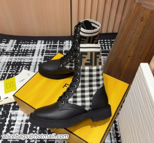 Unique Style Fendi Rockoko Lace-up Ankle Boots 3cm in Leather and Knit Black/Check 930101