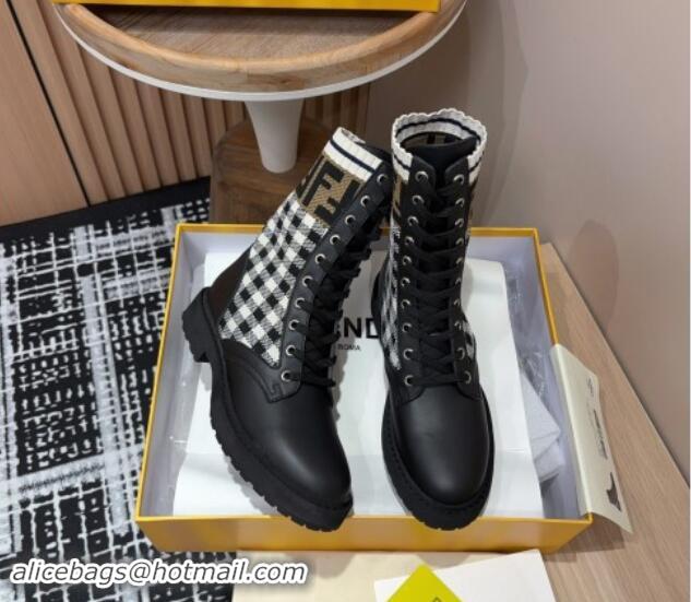 Unique Style Fendi Rockoko Lace-up Ankle Boots 3cm in Leather and Knit Black/Check 930101