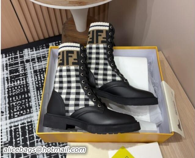 Unique Style Fendi Rockoko Lace-up Ankle Boots 3cm in Leather and Knit Black/Check 930101