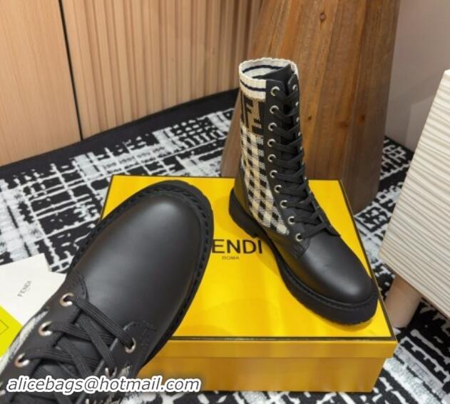 Unique Style Fendi Rockoko Lace-up Ankle Boots 3cm in Leather and Knit Black/Check 930101