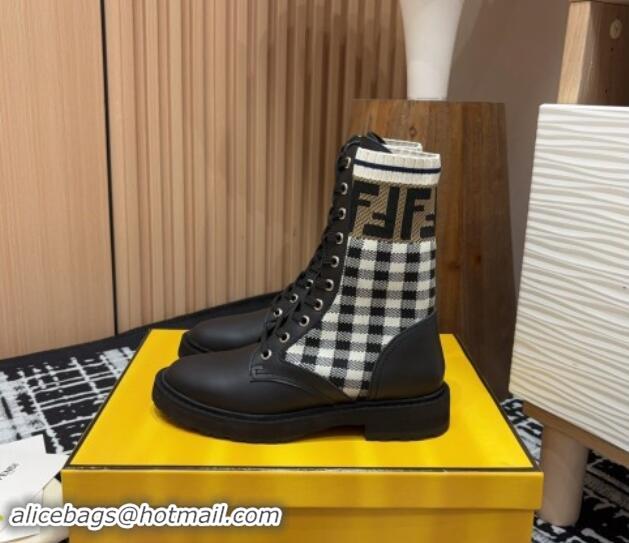 Unique Style Fendi Rockoko Lace-up Ankle Boots 3cm in Leather and Knit Black/Check 930101