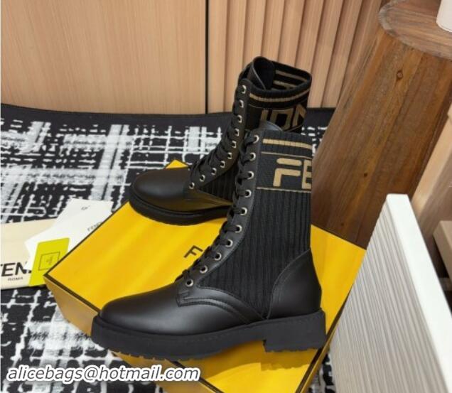 Durable Fendi Rockoko Lace-up Ankle Boots 3cm in Leather and Knit Black1/Brown 930102