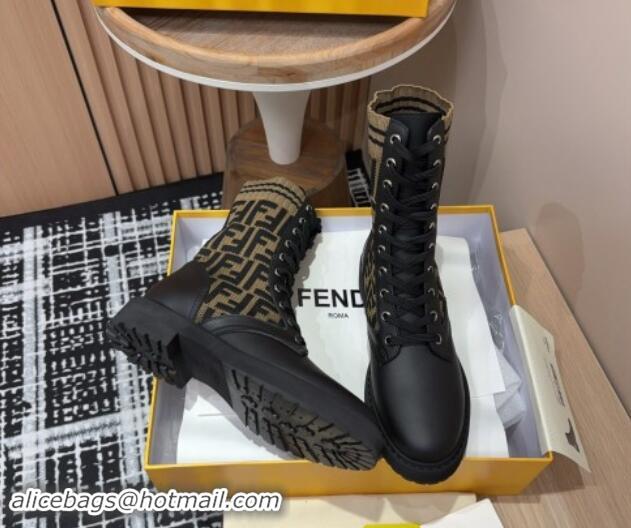 Well Crafted Fendi Rockoko Lace-up Ankle Boots 3cm in Leather and Knit Black/Light Brown 930103