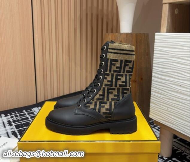 Well Crafted Fendi Rockoko Lace-up Ankle Boots 3cm in Leather and Knit Black/Light Brown 930103