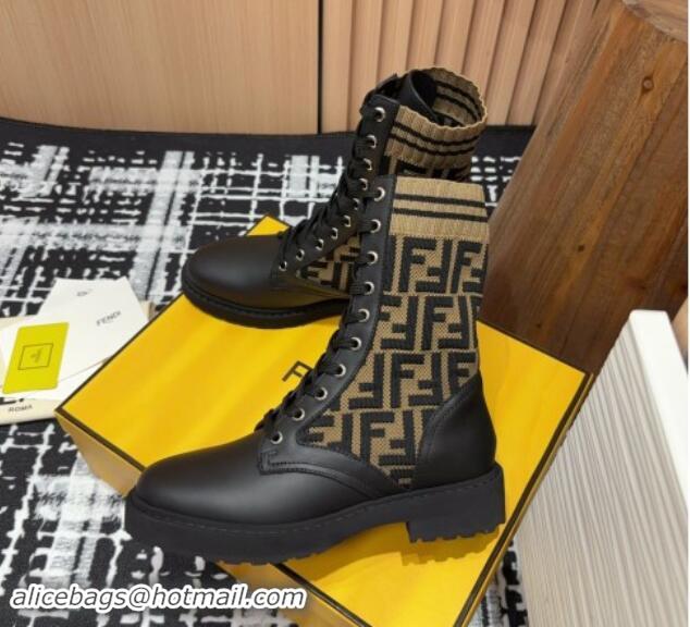 Well Crafted Fendi Rockoko Lace-up Ankle Boots 3cm in Leather and Knit Black/Light Brown 930103