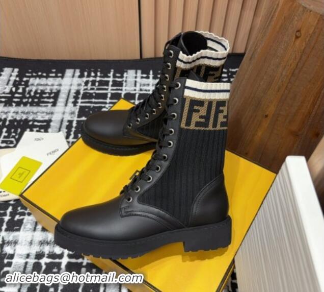 Sumptuous Fendi Rockoko Lace-up Ankle Boots 3cm in Leather and Knit Black/Brown/White 930104