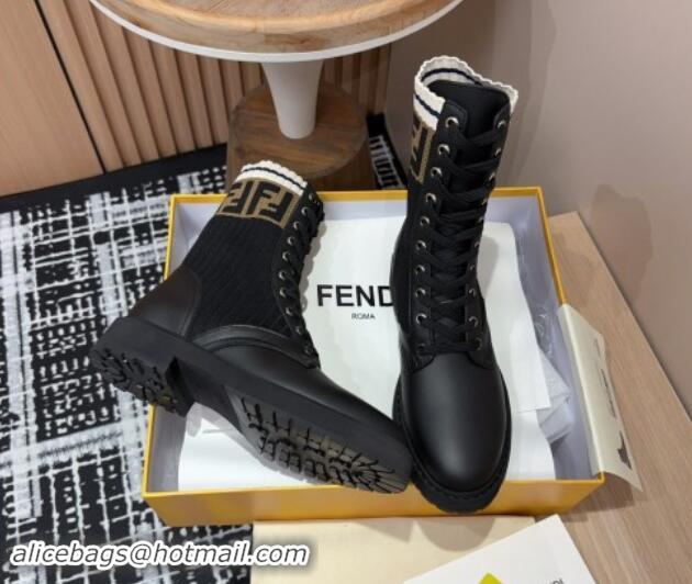 Sumptuous Fendi Rockoko Lace-up Ankle Boots 3cm in Leather and Knit Black/Brown/White 930104