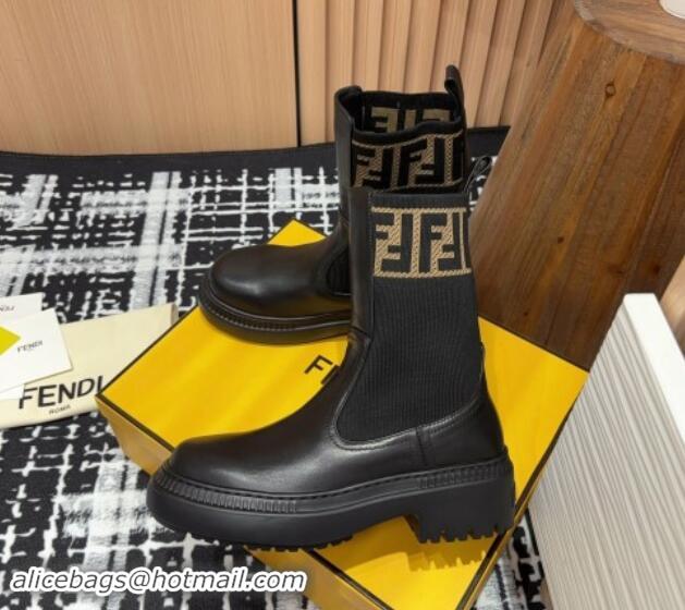 Fashion Luxury Fendi Domino Platform Ankle Short Boots in Leather and Knit Black 930105