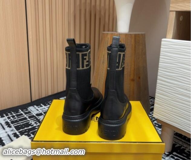 Fashion Luxury Fendi Domino Platform Ankle Short Boots in Leather and Knit Black 930105