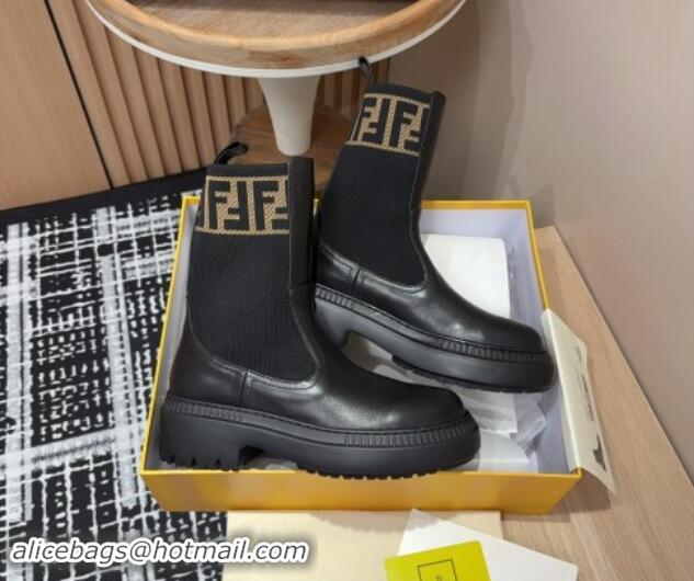 Fashion Luxury Fendi Domino Platform Ankle Short Boots in Leather and Knit Black 930105