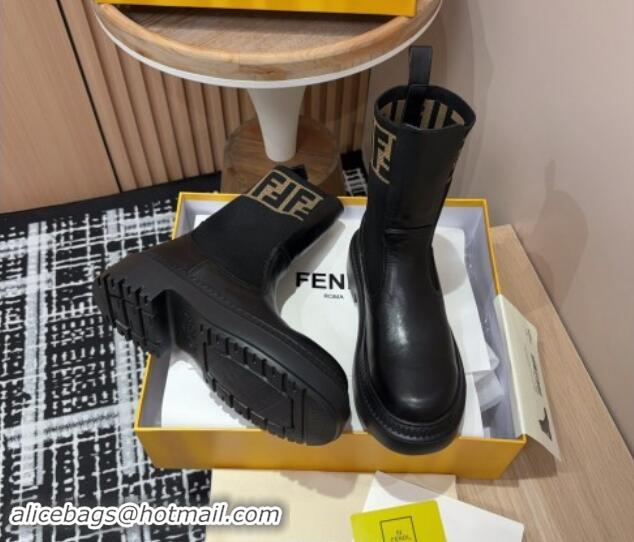 Fashion Luxury Fendi Domino Platform Ankle Short Boots in Leather and Knit Black 930105