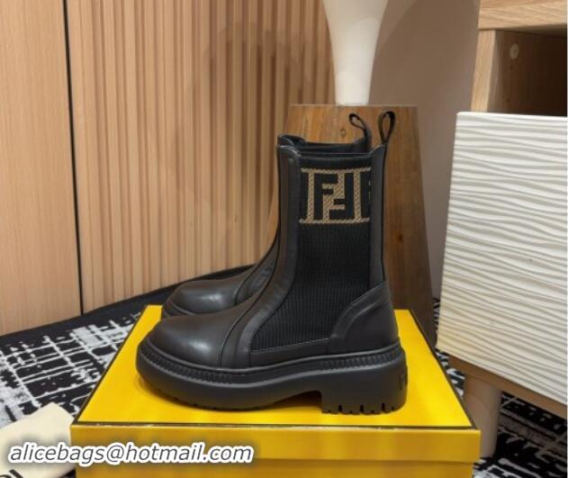 Charming Fendi Domino Platform Ankle Short Boots in Leather and Knit Black 930106