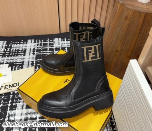 Charming Fendi Domino Platform Ankle Short Boots in Leather and Knit Black 930106