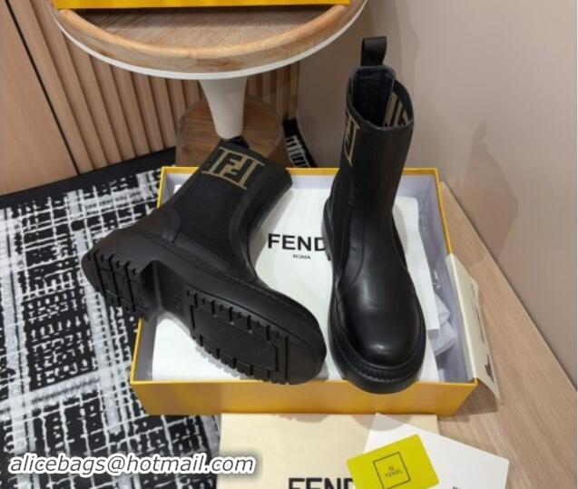 Charming Fendi Domino Platform Ankle Short Boots in Leather and Knit Black 930106