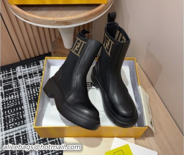 Charming Fendi Domino Platform Ankle Short Boots in Leather and Knit Black 930106