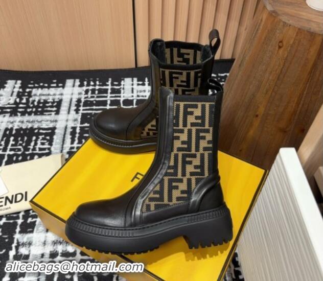 Sophisticated Fendi Domino Platform Ankle Short Boots in Leather and Knit Black/Brown 930108