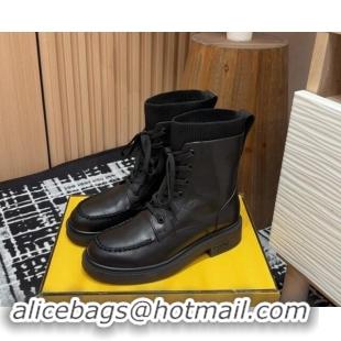 Hot Style Fendi Filo Ankle Lace-up Boots in Leather and Knit All Black 930109