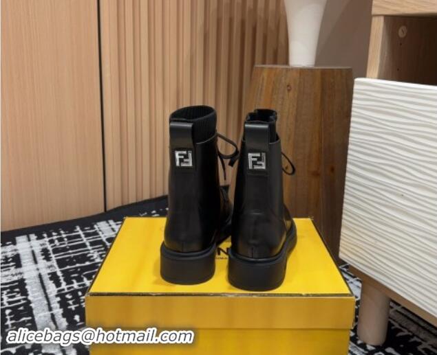 Hot Style Fendi Filo Ankle Lace-up Boots in Leather and Knit All Black 930109