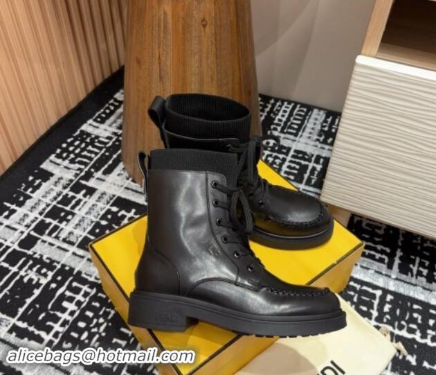 Hot Style Fendi Filo Ankle Lace-up Boots in Leather and Knit All Black 930109