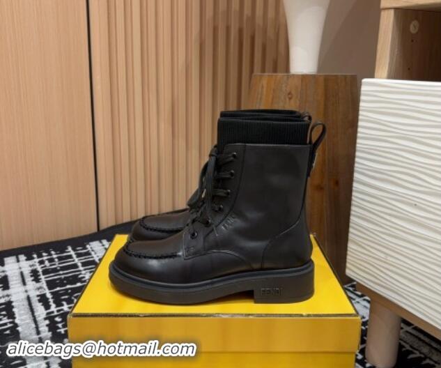 Hot Style Fendi Filo Ankle Lace-up Boots in Leather and Knit All Black 930109