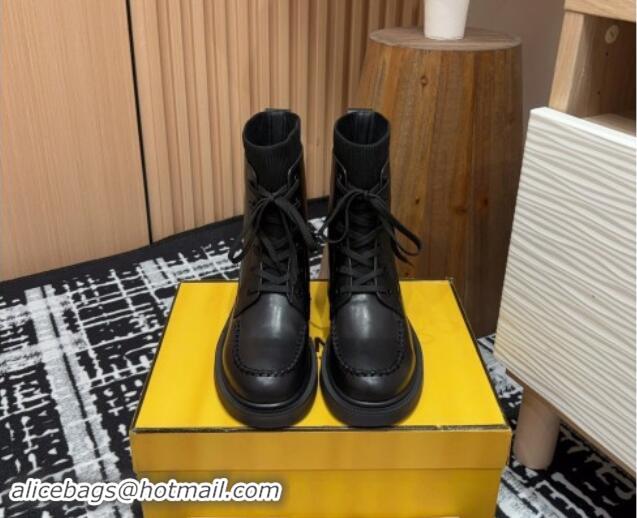 Hot Style Fendi Filo Ankle Lace-up Boots in Leather and Knit All Black 930109