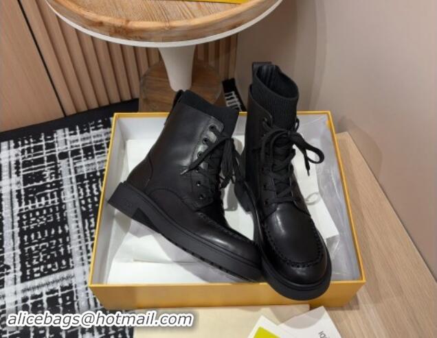 Hot Style Fendi Filo Ankle Lace-up Boots in Leather and Knit All Black 930109