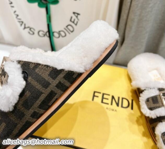 Stylish Fendi Feel Flat Slides Sandals in Brown FF Fabric and Shearling 930110