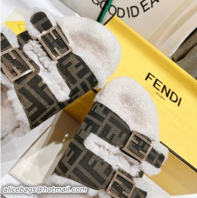 Stylish Fendi Feel Flat Slides Sandals in Brown FF Fabric and Shearling 930110